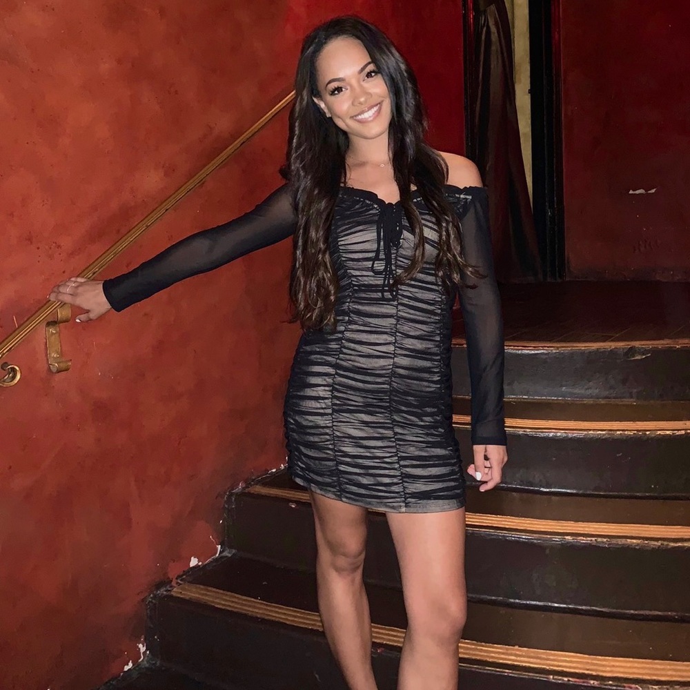 Off the shoulder black & nude dress